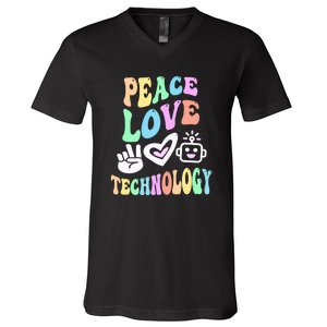 PEACE LOVE TECHNOLOGY Teacher Groovy School V-Neck T-Shirt