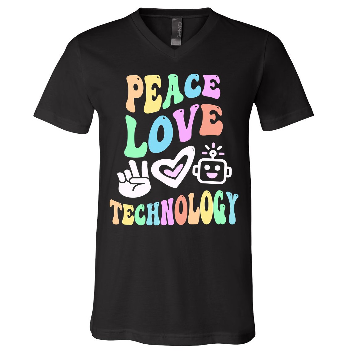 PEACE LOVE TECHNOLOGY Teacher Groovy School V-Neck T-Shirt