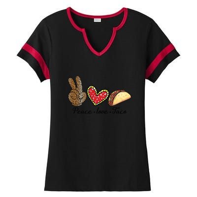 Peace Love Tacos Cinco De Mayo Fiesta Mexican Hippie Women Ladies Halftime Notch Neck Tee