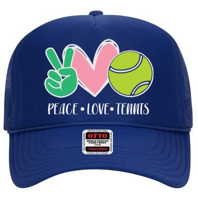 Peace Love Tennis Sports Athlete Ball Game Player Gift High Crown Mesh Back Trucker Hat