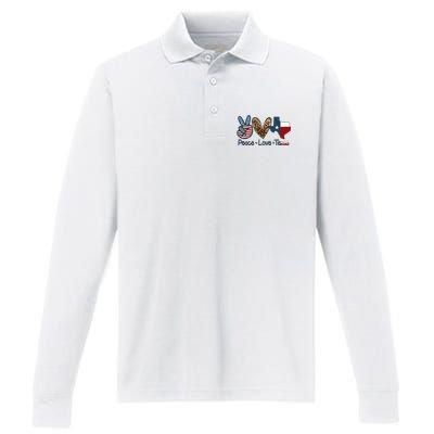 Peace Love Texas TX Texas Flag Funny City Home Roots Performance Long Sleeve Polo