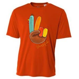 Peace Love Turkey Grateful Turkey Hand Sign Thanksgiving Cooling Performance Crew T-Shirt