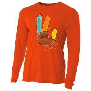 Peace Love Turkey Grateful Turkey Hand Sign Thanksgiving Cooling Performance Long Sleeve Crew