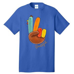 Peace Love Turkey Grateful Turkey Hand Sign Thanksgiving Tall T-Shirt