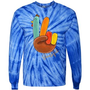 Peace Love Turkey Grateful Turkey Hand Sign Thanksgiving Tie-Dye Long Sleeve Shirt