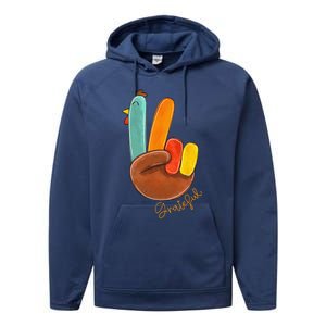 Peace Love Turkey Grateful Turkey Hand Sign Thanksgiving Performance Fleece Hoodie