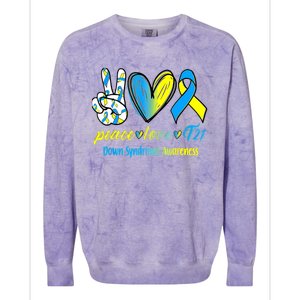 Peace Love T21 Blue Yellow Ribbon Down Syndrome Awareness Colorblast Crewneck Sweatshirt