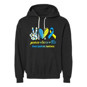 Peace Love T21 Blue Yellow Ribbon Down Syndrome Awareness Garment-Dyed Fleece Hoodie