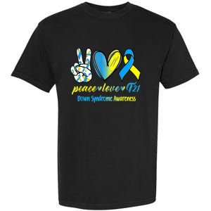 Peace Love T21 Blue Yellow Ribbon Down Syndrome Awareness Garment-Dyed Heavyweight T-Shirt