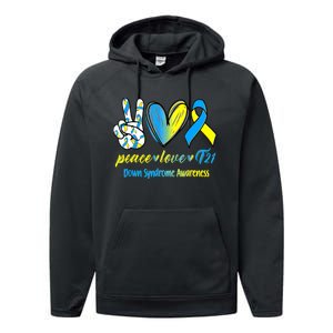 Peace Love T21 Blue Yellow Ribbon Down Syndrome Awareness Performance Fleece Hoodie