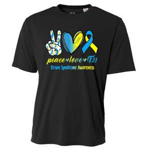 Peace Love T21 Blue Yellow Ribbon Down Syndrome Awareness Cooling Performance Crew T-Shirt