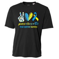 Peace Love T21 Blue Yellow Ribbon Down Syndrome Awareness Cooling Performance Crew T-Shirt