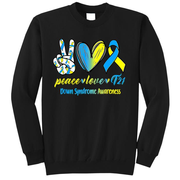 Peace Love T21 Blue Yellow Ribbon Down Syndrome Awareness Sweatshirt