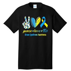 Peace Love T21 Blue Yellow Ribbon Down Syndrome Awareness Tall T-Shirt