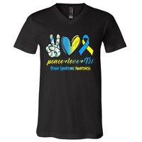 Peace Love T21 Blue Yellow Ribbon Down Syndrome Awareness V-Neck T-Shirt