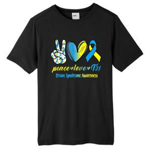 Peace Love T21 Blue Yellow Ribbon Down Syndrome Awareness Tall Fusion ChromaSoft Performance T-Shirt