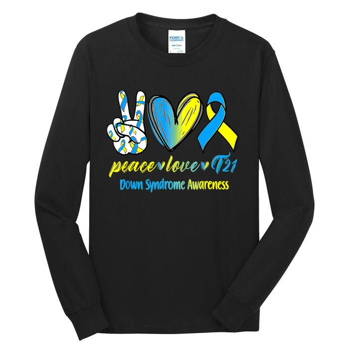 Peace Love T21 Blue Yellow Ribbon Down Syndrome Awareness Tall Long Sleeve T-Shirt