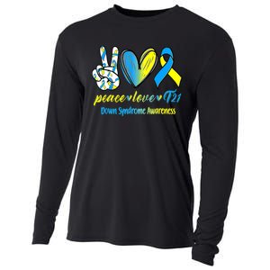 Peace Love T21 Blue Yellow Ribbon Down Syndrome Awareness Cooling Performance Long Sleeve Crew