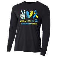 Peace Love T21 Blue Yellow Ribbon Down Syndrome Awareness Cooling Performance Long Sleeve Crew