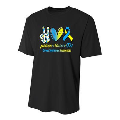 Peace Love T21 Blue Yellow Ribbon Down Syndrome Awareness Youth Performance Sprint T-Shirt