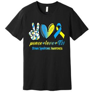 Peace Love T21 Blue Yellow Ribbon Down Syndrome Awareness Premium T-Shirt