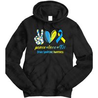 Peace Love T21 Blue Yellow Ribbon Down Syndrome Awareness Tie Dye Hoodie