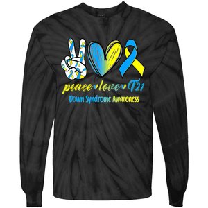 Peace Love T21 Blue Yellow Ribbon Down Syndrome Awareness Tie-Dye Long Sleeve Shirt