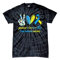 Peace Love T21 Blue Yellow Ribbon Down Syndrome Awareness Tie-Dye T-Shirt