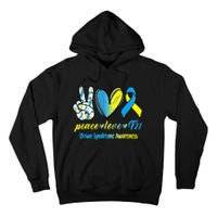 Peace Love T21 Blue Yellow Ribbon Down Syndrome Awareness Tall Hoodie