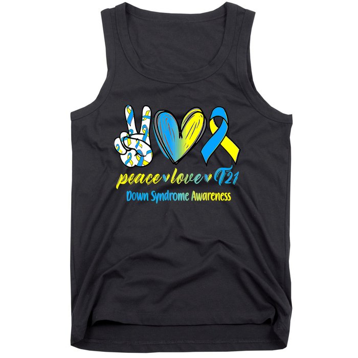 Peace Love T21 Blue Yellow Ribbon Down Syndrome Awareness Tank Top