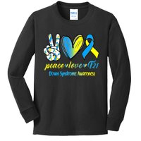 Peace Love T21 Blue Yellow Ribbon Down Syndrome Awareness Kids Long Sleeve Shirt