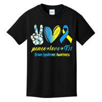 Peace Love T21 Blue Yellow Ribbon Down Syndrome Awareness Kids T-Shirt