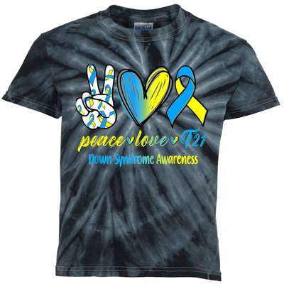 Peace Love T21 Blue Yellow Ribbon Down Syndrome Awareness Kids Tie-Dye T-Shirt