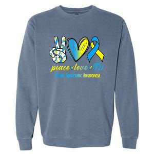 Peace Love T21 Blue Yellow Ribbon Down Syndrome Awareness Garment-Dyed Sweatshirt