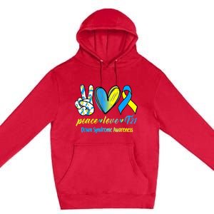 Peace Love T21 Blue Yellow Ribbon Down Syndrome Awareness Premium Pullover Hoodie