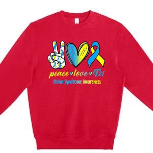 Peace Love T21 Blue Yellow Ribbon Down Syndrome Awareness Premium Crewneck Sweatshirt