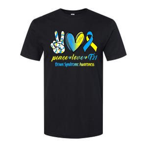 Peace Love T21 Blue Yellow Ribbon Down Syndrome Awareness Softstyle CVC T-Shirt