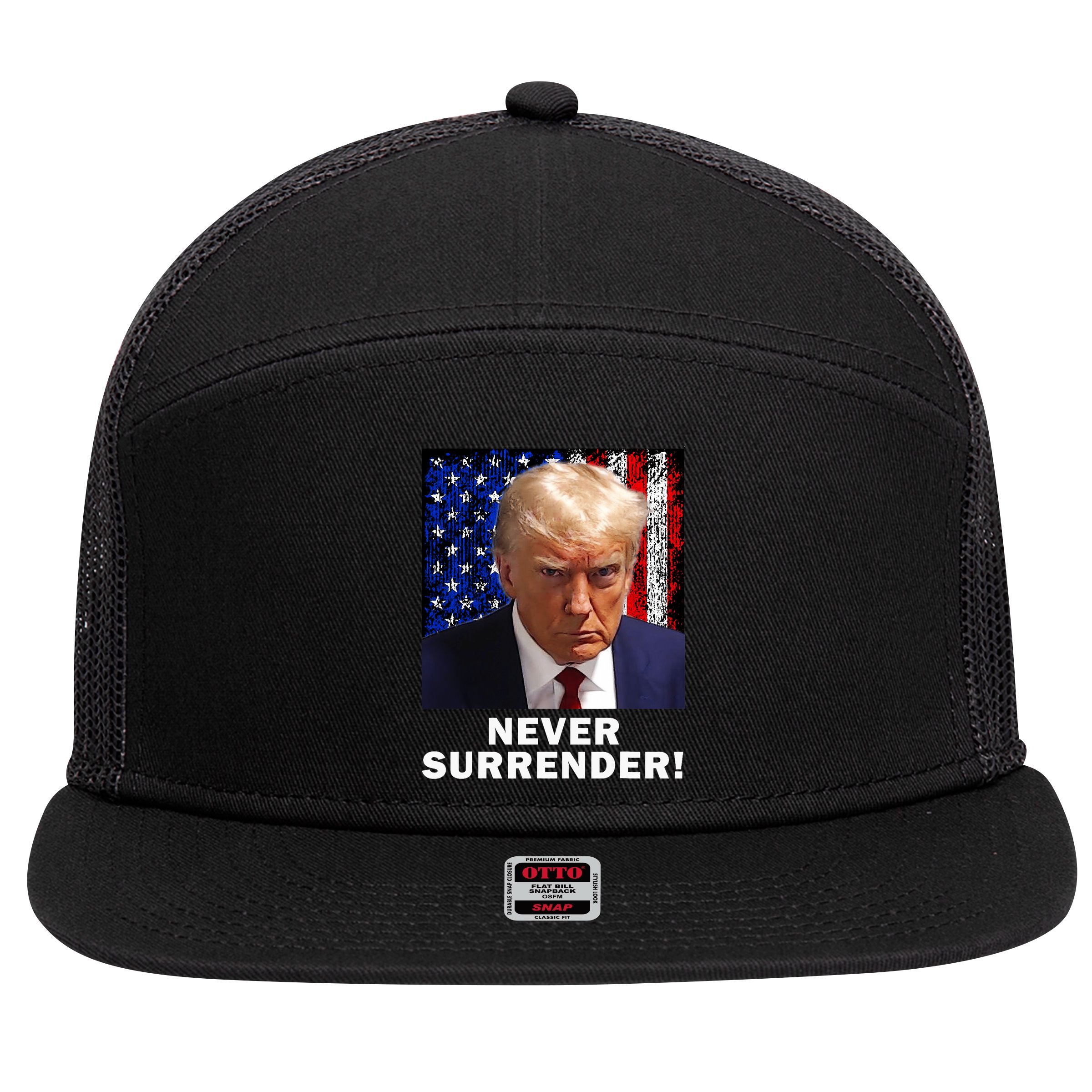 President Legend Trump 2024 Mugshot Never Surrender 7 Panel Mesh Trucker Snapback Hat