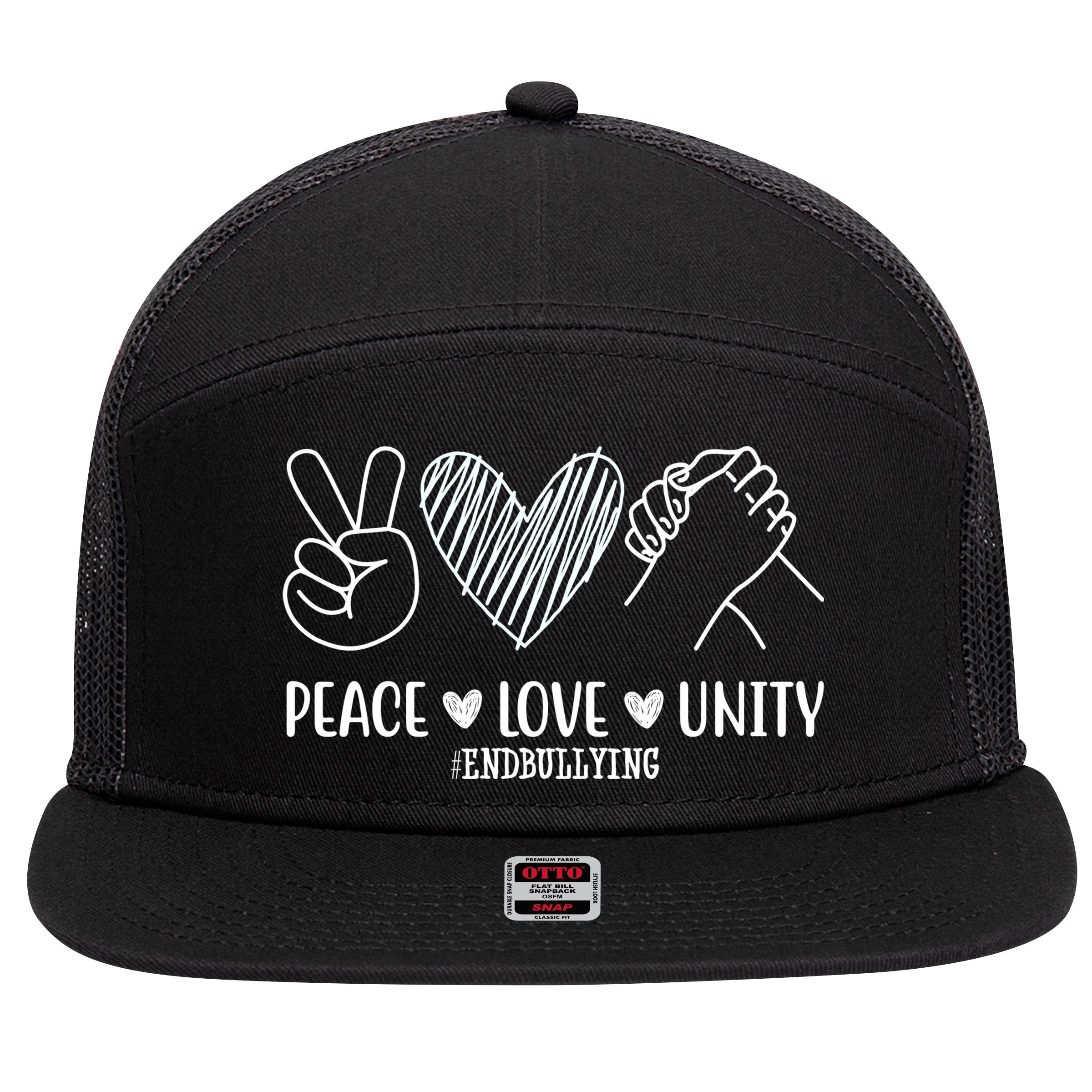 Peace Love Unity End Bullying Awareness 7 Panel Mesh Trucker Snapback Hat