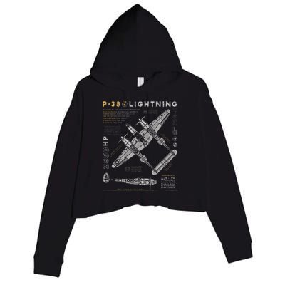 P38 Lightning Vintage P38 Fighter Aircraft Ww2 Aviation Crop Fleece Hoodie