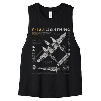 P38 Lightning Vintage P38 Fighter Aircraft Ww2 Aviation Women's Racerback Cropped Tank