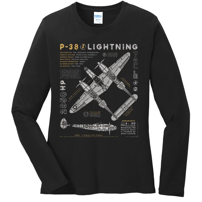 P38 Lightning Vintage P38 Fighter Aircraft Ww2 Aviation Ladies Long Sleeve Shirt