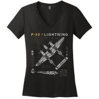 P38 Lightning Vintage P38 Fighter Aircraft Ww2 Aviation Women's V-Neck T-Shirt