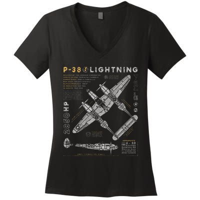 P38 Lightning Vintage P38 Fighter Aircraft Ww2 Aviation Women's V-Neck T-Shirt