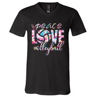 Peace Love Volleyball Player Groovy Tie Dye Womens Sports V-Neck T-Shirt