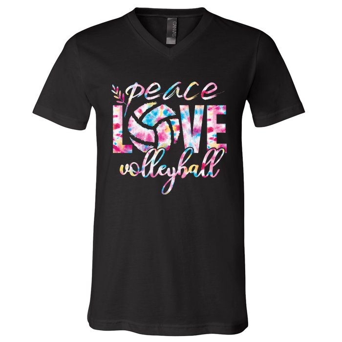 Peace Love Volleyball Player Groovy Tie Dye Womens Sports V-Neck T-Shirt