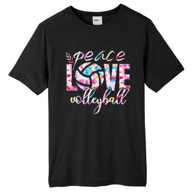 Peace Love Volleyball Player Groovy Tie Dye Womens Sports Tall Fusion ChromaSoft Performance T-Shirt