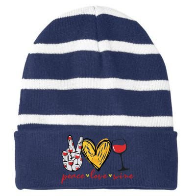 Peace Love Wine Funny Wine Lover Drinking Team Oktoberfest Striped Beanie with Solid Band