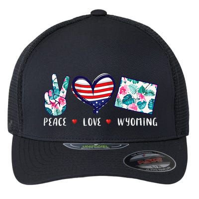 Peace Love Wyoming Flag Grown Souvenirs Flexfit Unipanel Trucker Cap
