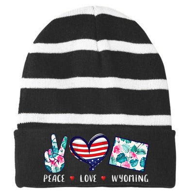 Peace Love Wyoming Flag Grown Souvenirs Striped Beanie with Solid Band